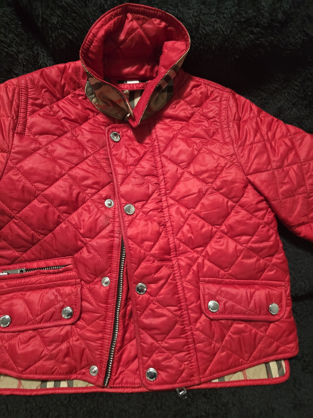 Burberry Red Quilted Kids Puffer Jacket with Plaid Collar Detail
